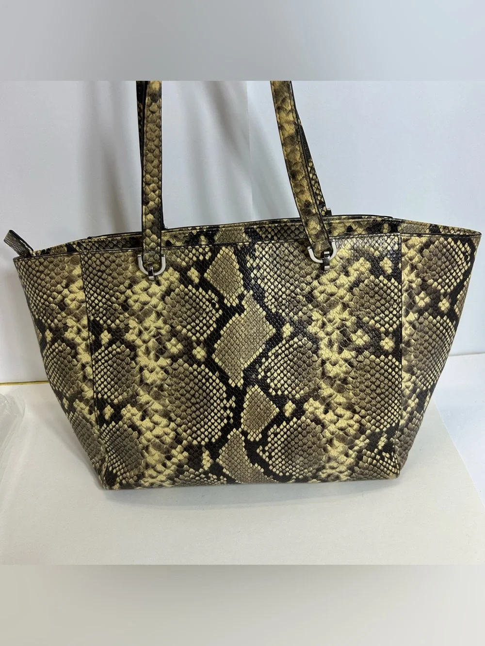 Michael Kors Snake-Print Leather Tote Doible Handle Shoulder Bag Purse Black Tan